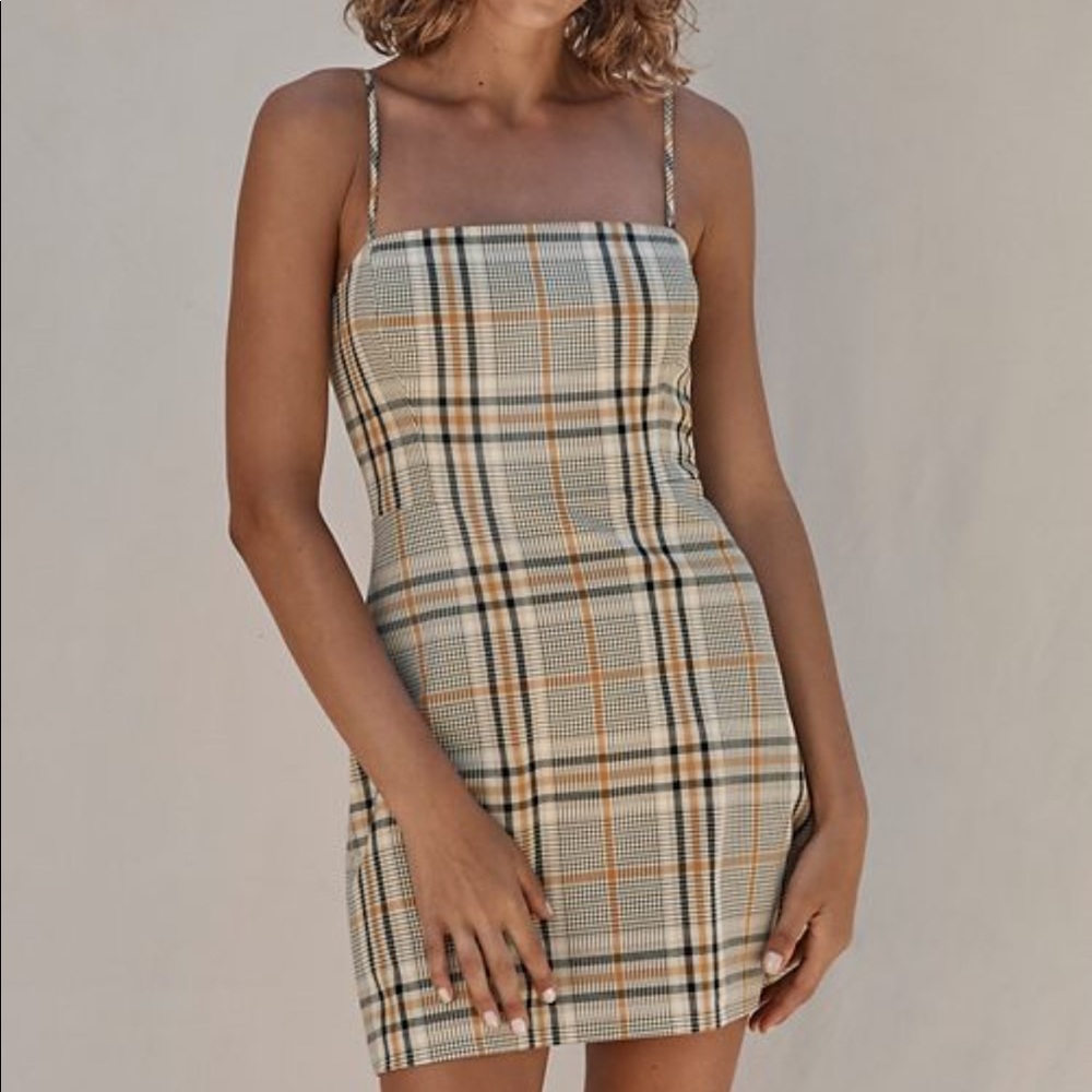 Aritzia Wilfred Tan Plaid Mini Dress